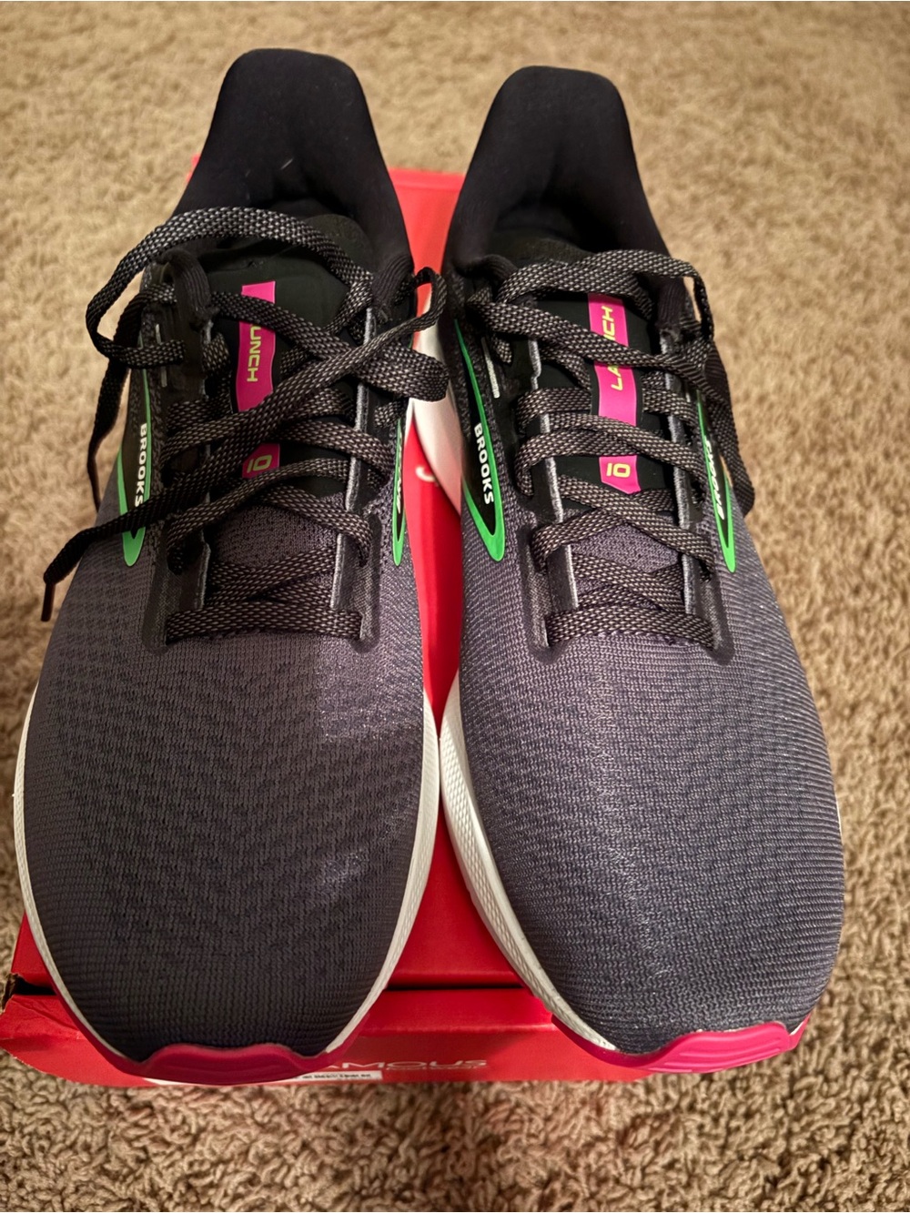 Brooks Women’s Launch 10 Dark Gray Running Shoes with Pink & Green Accents